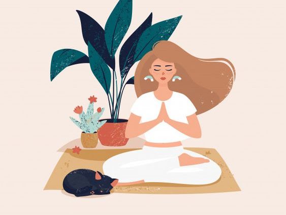 yoga woman sitting in a  prayer position illustration with nude tones . there is a  palm tree and cactus in the background.  caribu mommy mom mother's blog that gives parenting advice for kids, children, toddlers, preschoolers.