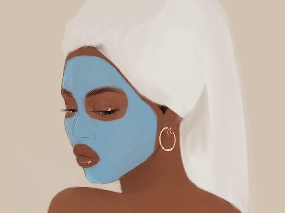 illustration of a darker skinned girl with a towel around her hair and a blue mask on her skin. caribu mommy mom mother's blog that gives parenting advice for kids, children, toddlers, preschoolers.